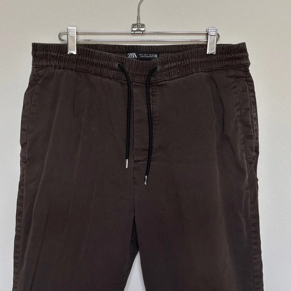 Zara Man Elastic Waist Drawstring Jogger Pants Brown Cotton Stretch Size Large